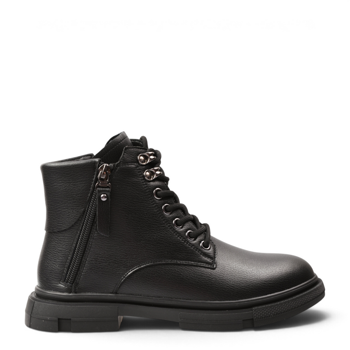 ada-shoes.ro Pass Collection black leather ankle boots with side zipper, lace-up front, and trekking-style hooks.