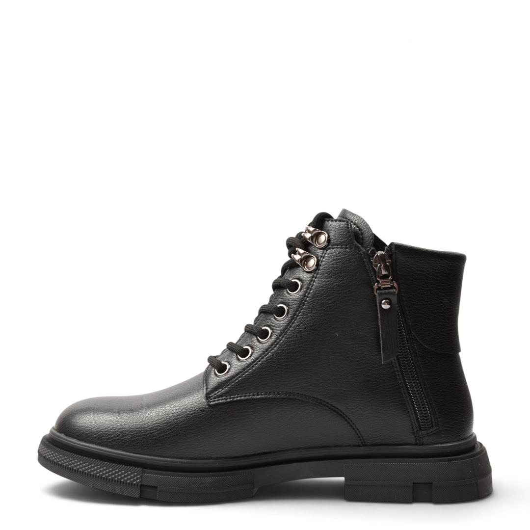 ada-shoes.ro black leather ankle boots with side zipper, front laces, and trekking-style metal hooks