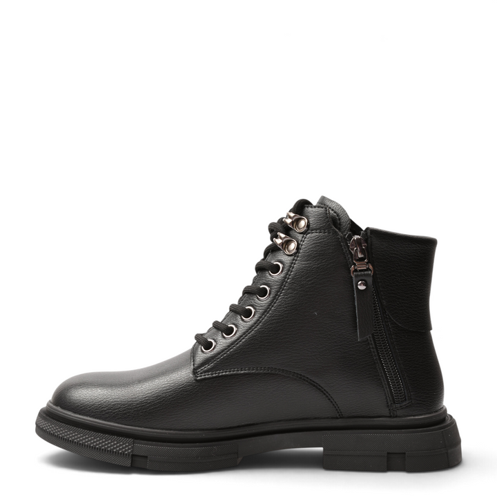 ada-shoes.ro black leather ankle boots with side zipper, front laces, and trekking-style metal hooks