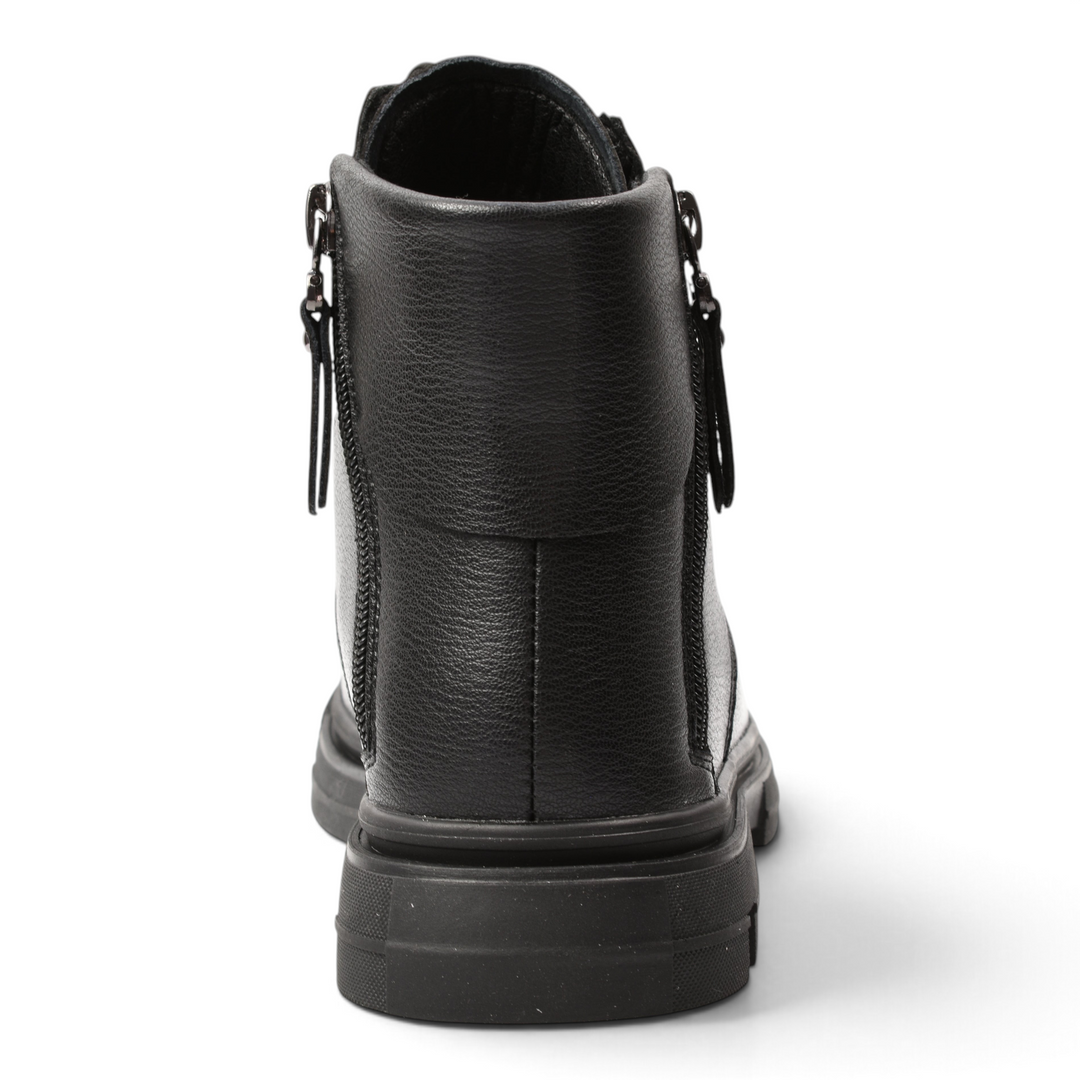 Back view of black leather Pass Collection ankle boots with a side zipper and textured finish from ada-shoes.ro