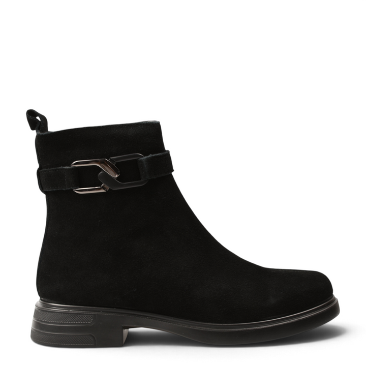 ada-shoes.ro black suede ankle boots with a decorative metal buckle strap and side zipper for comfortable daily wear