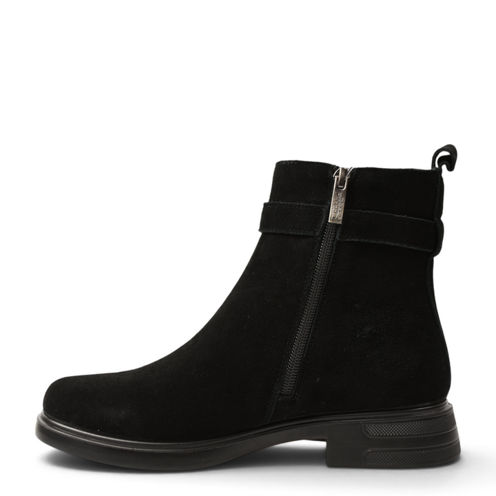 ada-shoes.ro black suede ankle boots with side zipper and decorative metallic buckle detail