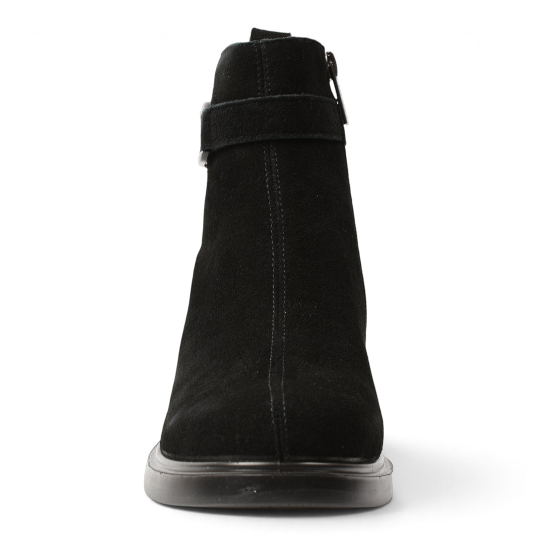 ada-shoes.ro black suede ankle boots with a decorative metal buckle and side zipper for a stylish casual look.