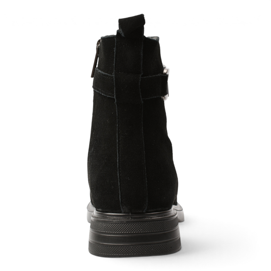 Back view of black suede ankle boots from ada-shoes.ro featuring a decorative strap and flat sole
