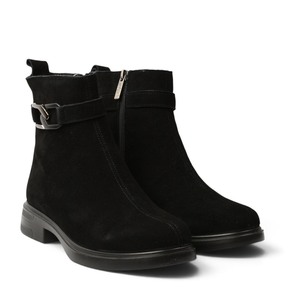 ada-shoes.ro black suede ankle boots with a decorative metal buckle strap and side zipper for women