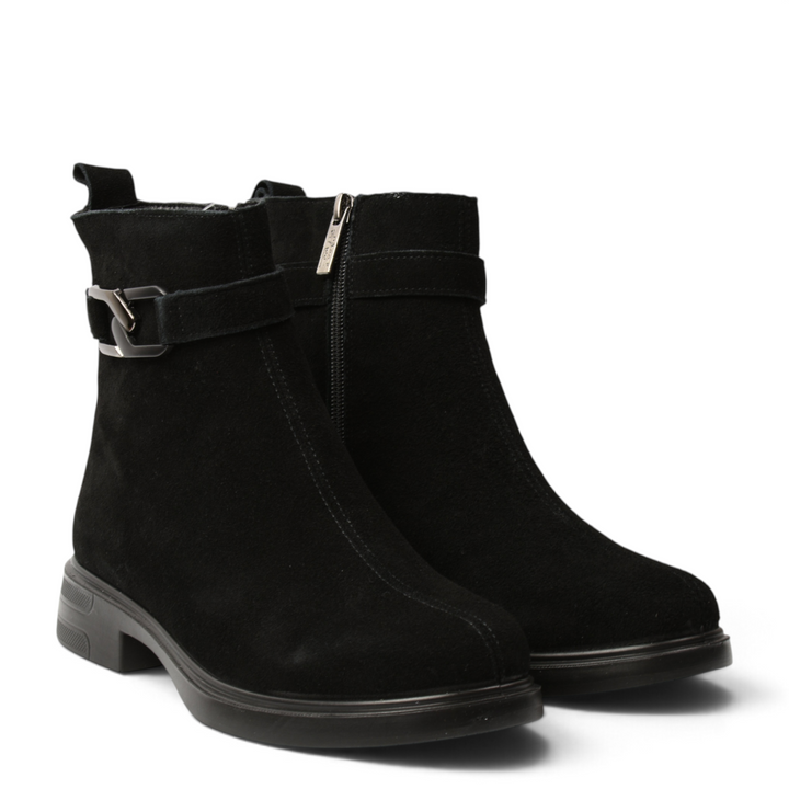 ada-shoes.ro black suede ankle boots with a decorative metal buckle strap and side zipper for women