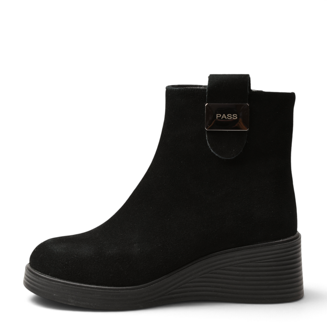ada-shoes.ro Pass Collection black suede ankle boots with orthopedic wedge sole and metal logo detail
