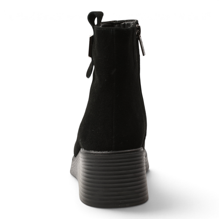 ada-shoes.ro Pass Collection black suede ankle boots with orthopedic platform sole and side zipper, back view