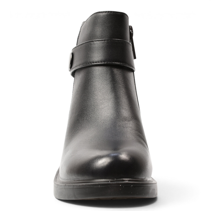 ada-shoes.ro black leather ankle boots with a decorative strap and metallic detail, featuring a comfortable block heel.
