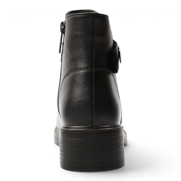 Back view of black leather Pass Collection ankle boots with a medium block heel and side zipper