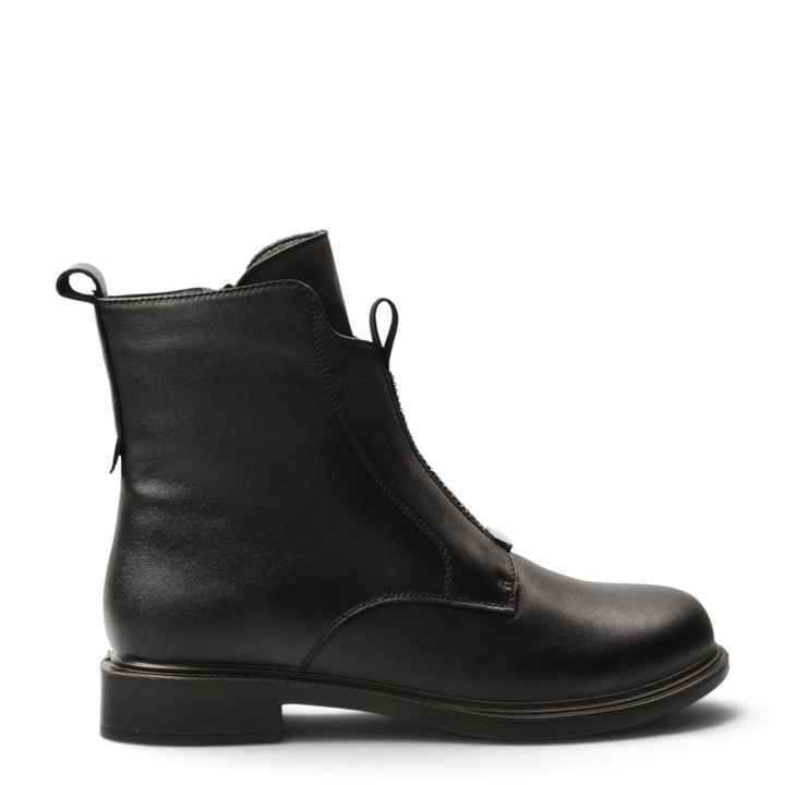 ada-shoes.ro Pass Collection black leather ankle boots with front decorative zipper and side zip closure