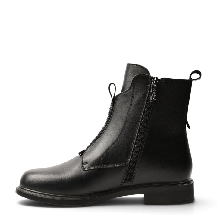 ada-shoes.ro black leather ankle boots with front decorative zipper and side zip closure for women
