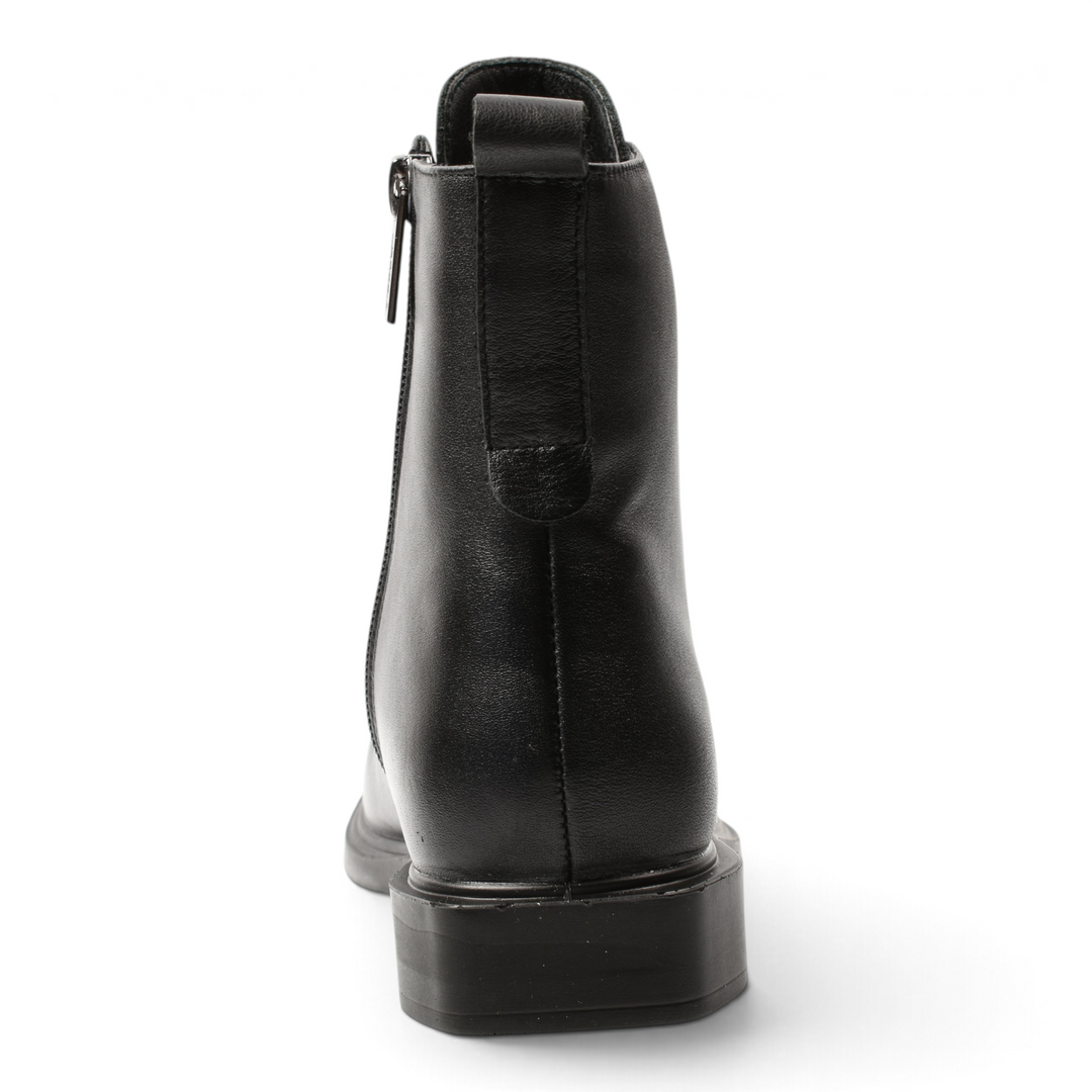 Back view of black leather Pass Collection ankle boots with a pull-tab and side zipper on a white background