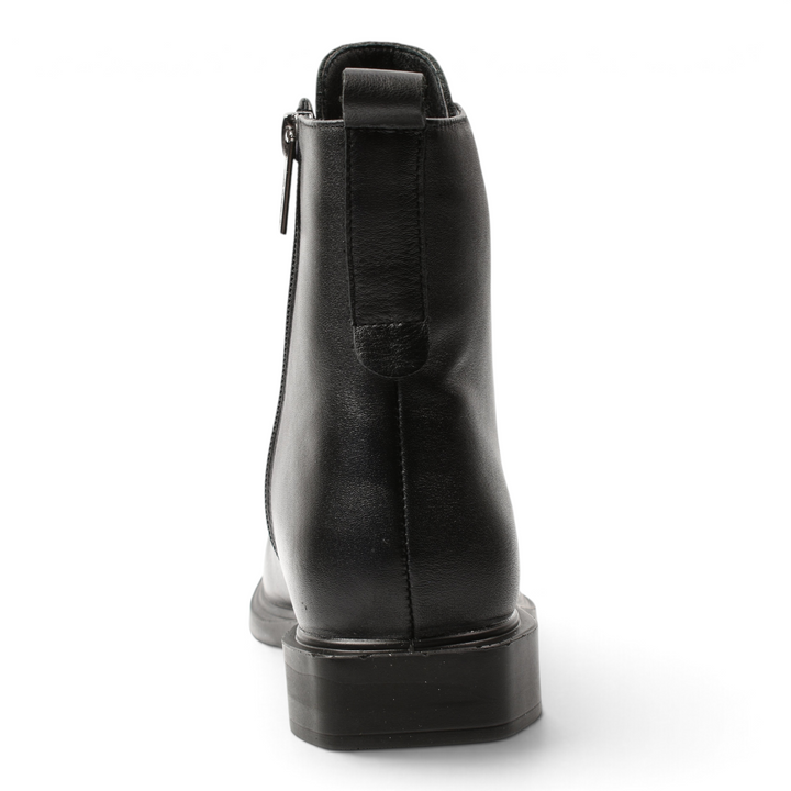 Back view of black leather Pass Collection ankle boots with a pull-tab and side zipper on a white background