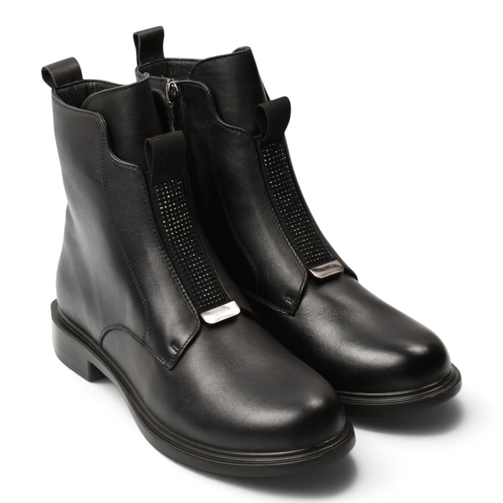 ada-shoes.ro black leather ankle boots with front decorative zipper and pull-tab, minimalist urban style