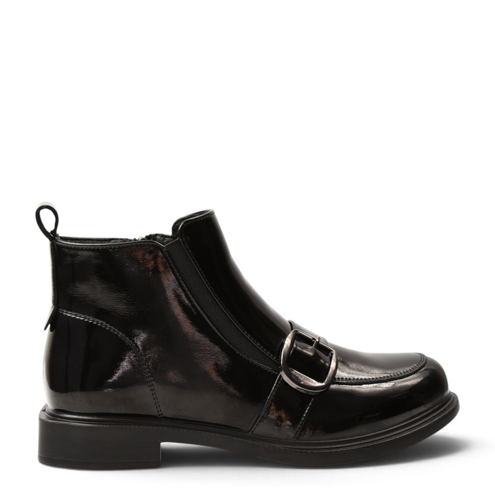 ada-shoes.ro black patent leather ankle boots with a monk strap buckle and side zipper, side view.