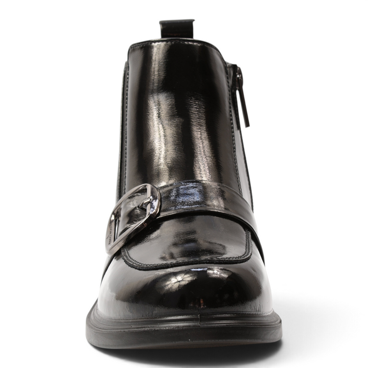ada-shoes.ro black patent leather ankle boots with a monk strap buckle and moccasin-style stitching