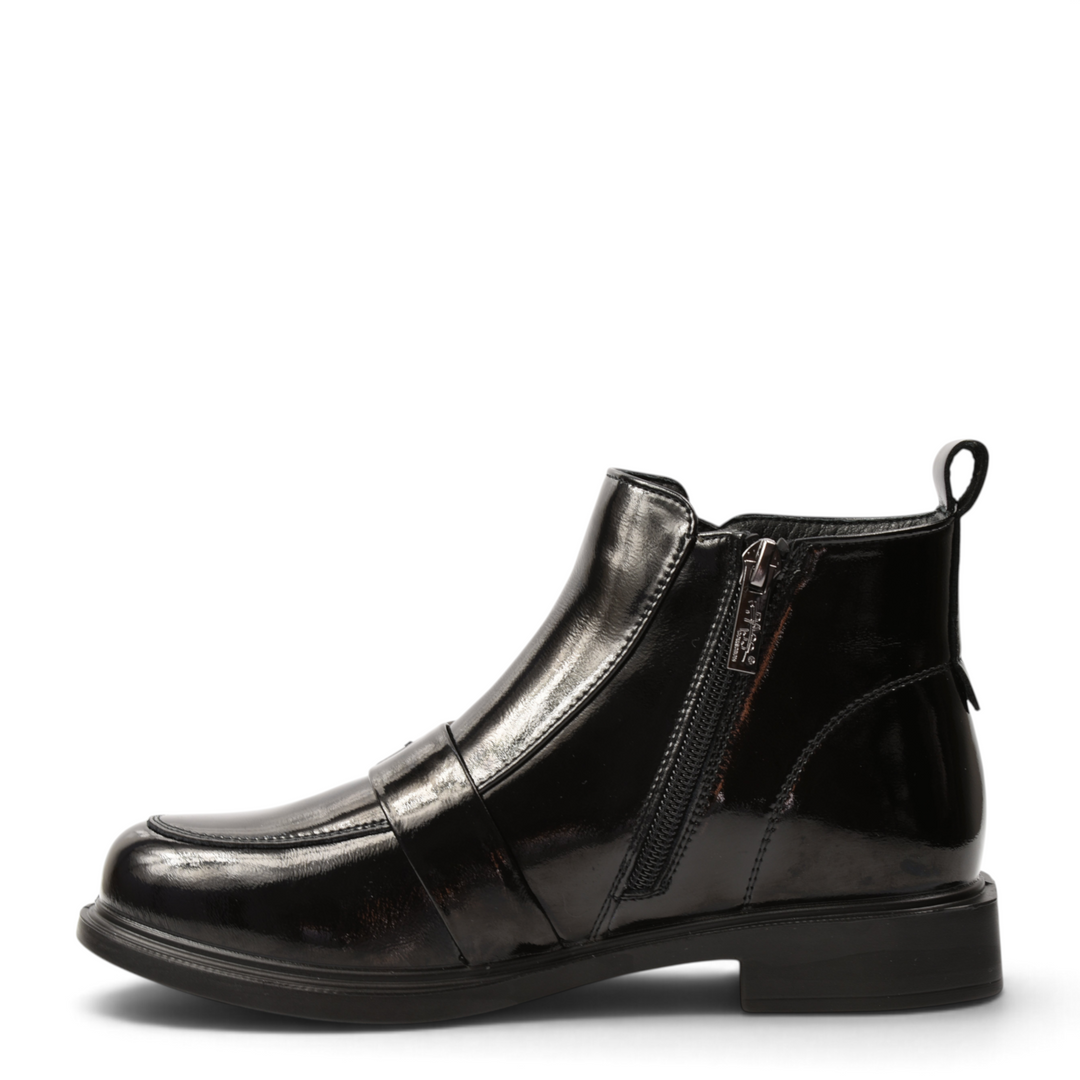 ada-shoes.ro black patent leather ankle boots with monk strap buckle, side zipper, and moccasin-style toe stitching.