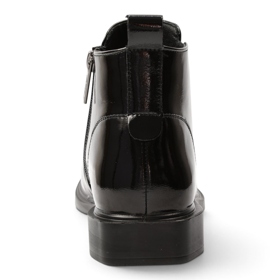 ada-shoes.ro Pass Collection black patent leather ankle boots, back view showing flat heel and pull-tab.