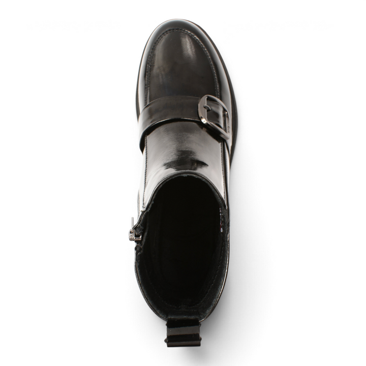 ada-shoes.ro black patent leather ankle boots with a monk strap buckle and moccasin-style stitching, top view.