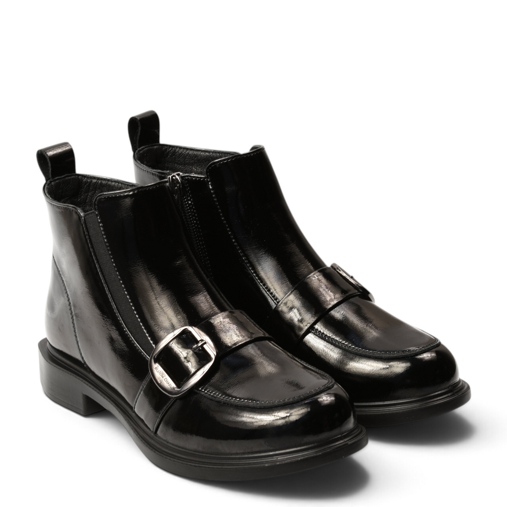 ada-shoes.ro black patent leather ankle boots with monk strap buckle and moccasin stitching