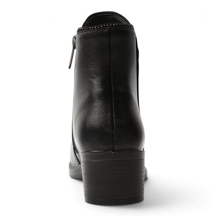 ada-shoes.ro Pass Collection black leather ankle boots with a block heel and side zipper, rear view.