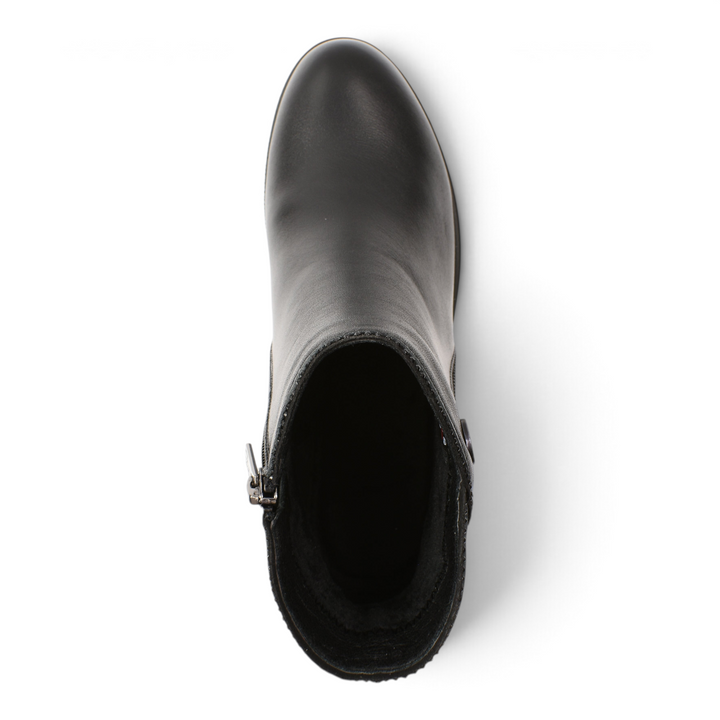 ada-shoes.ro Pass Collection black leather ankle boots with a rounded toe and side zipper, top-down view.
