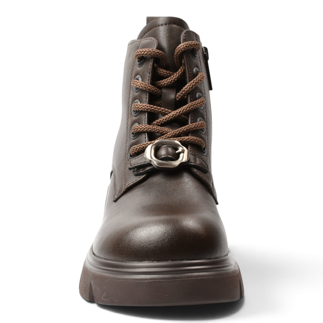 ada-shoes.ro brown leather chunky ankle boots with lace-up front, side zipper, and decorative metallic buckle detail.
