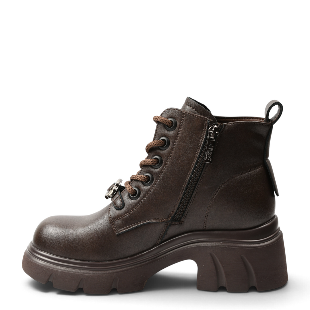 ada-shoes.ro Pass Collection brown leather chunky ankle boots with side zipper and decorative metallic detail