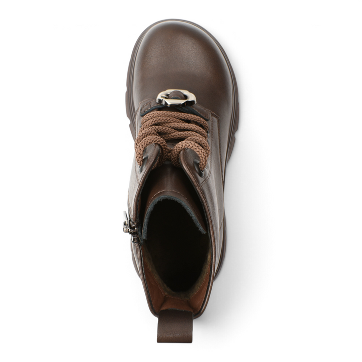 ada-shoes.ro Pass Collection brown leather chunky boots with lace-up front, side zipper, and metallic detail.