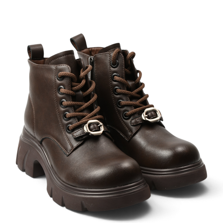 ada-shoes.ro brown leather chunky boots with lace-up front, side zipper, and decorative metallic buckle detail.
