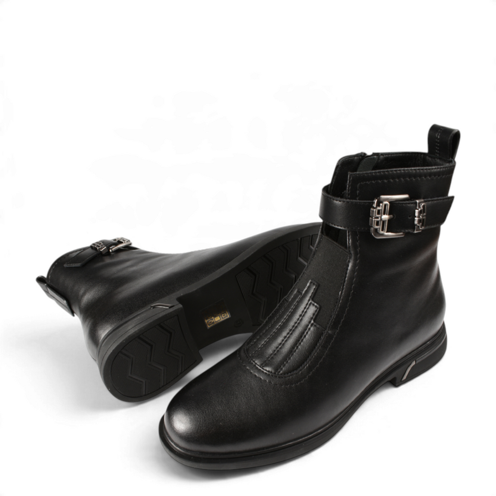 ada-shoes.ro black leather ankle boots with decorative buckle strap, side zipper, and low heel for women
