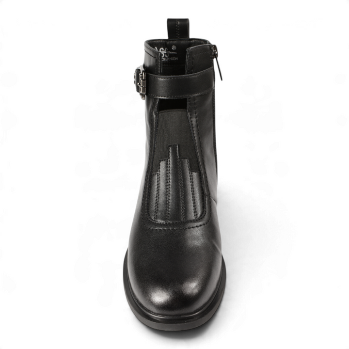 ada-shoes.ro black leather ankle boots with decorative strap, metal buckle, and side zipper for women