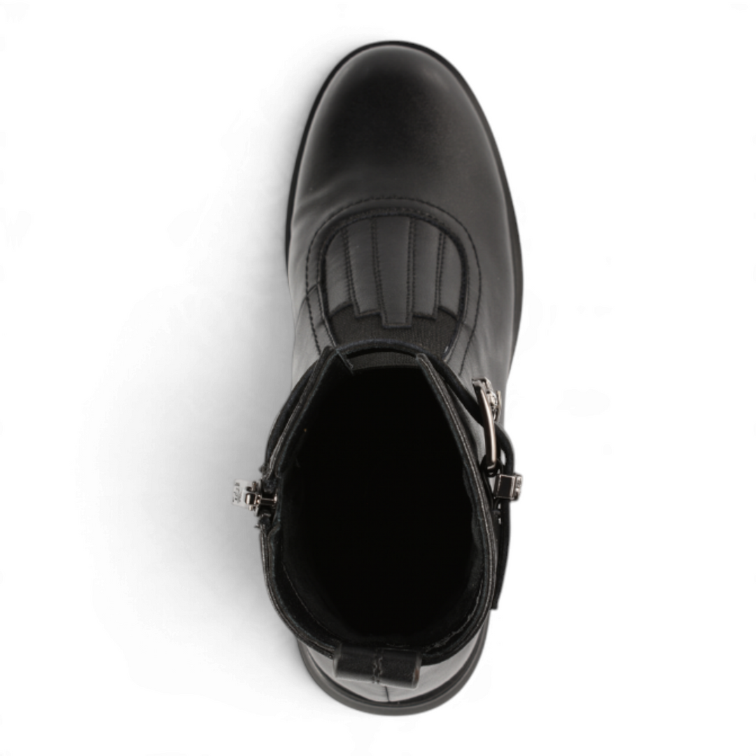 Top view of black leather Pass Collection ankle boots with decorative stitching and side buckle from ada-shoes.ro