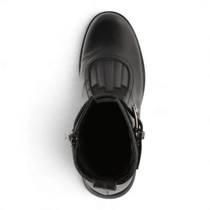 Top view of black leather Pass Collection ankle boots with decorative stitching and side buckle from ada-shoes.ro