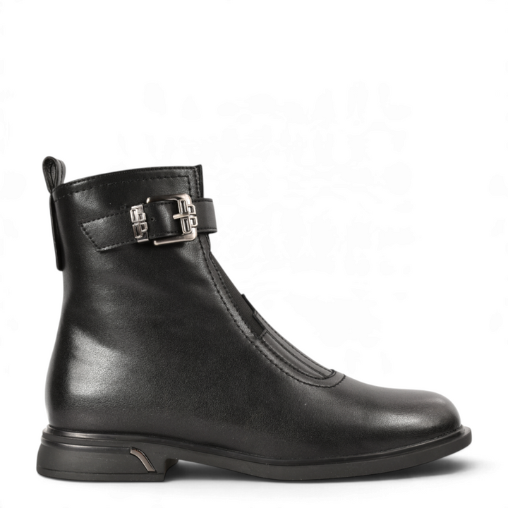 ada-shoes.ro black leather ankle boots with a decorative buckle strap, side zipper, and low heel for women