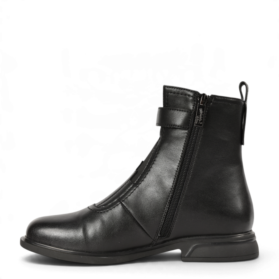 ada-shoes.ro black leather ankle boots with side zipper, decorative buckle strap, and low heel for women