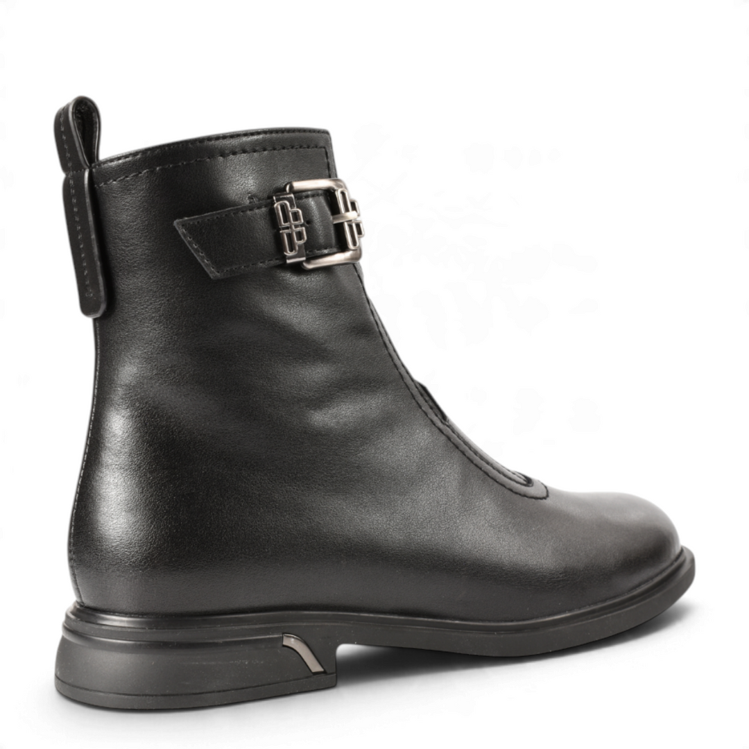 ada-shoes.ro Pass Collection black leather ankle boots with a side buckle strap and low heel, side view.