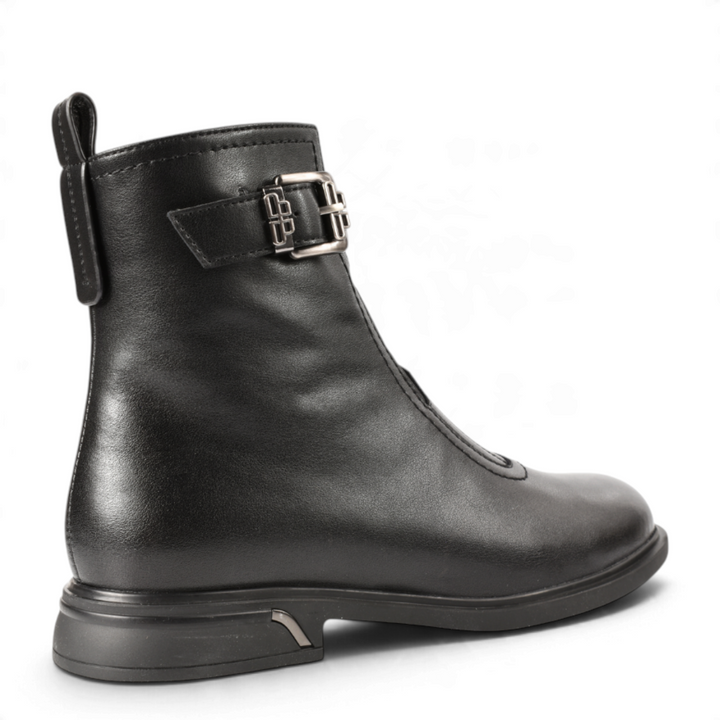 ada-shoes.ro Pass Collection black leather ankle boots with a side buckle strap and low heel, side view.