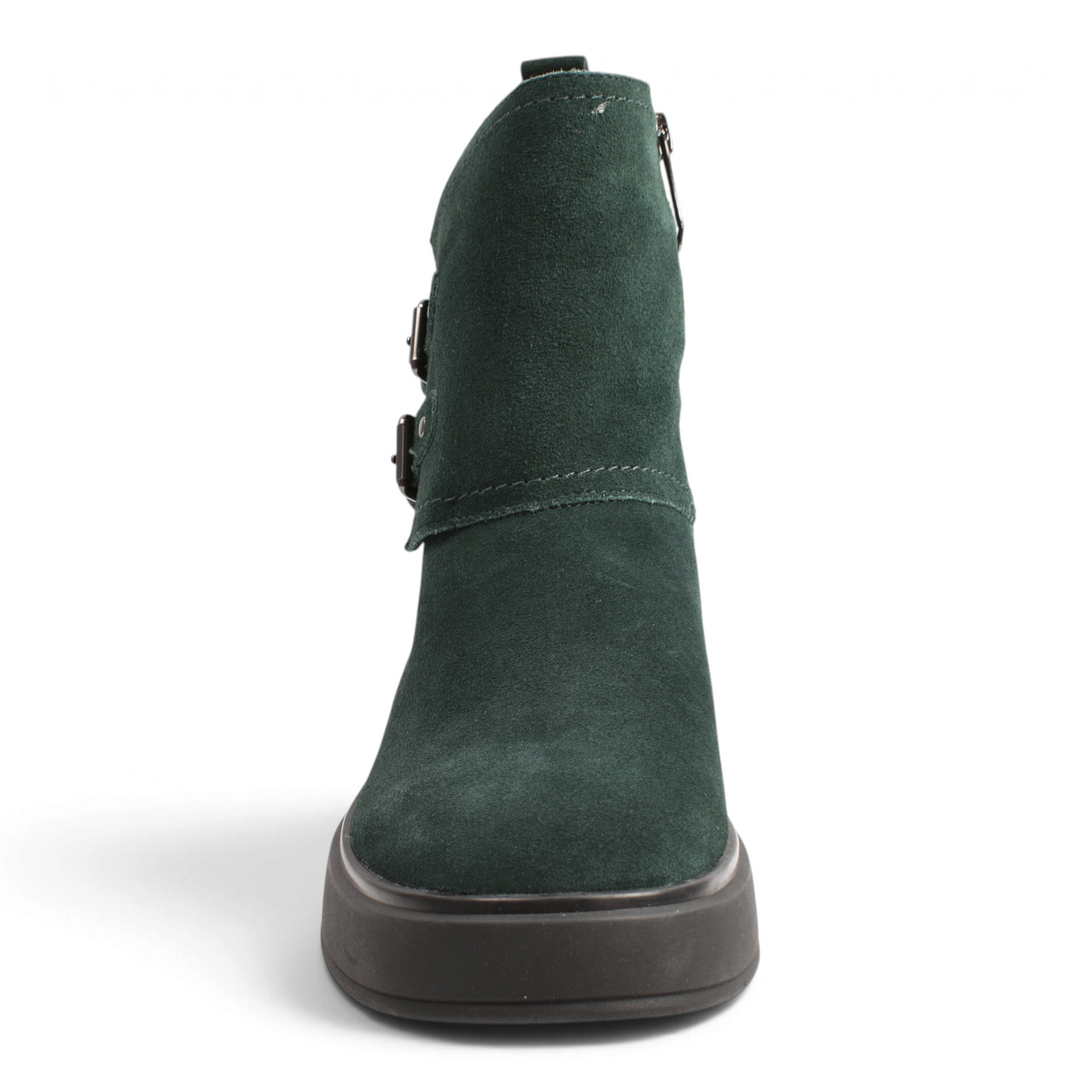 ada-shoes.ro Karisma dark green suede ankle boots with decorative buckles and a thick, comfortable sole.
