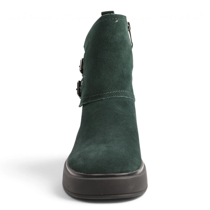 ada-shoes.ro Karisma dark green suede ankle boots with decorative buckles and a thick, comfortable sole.