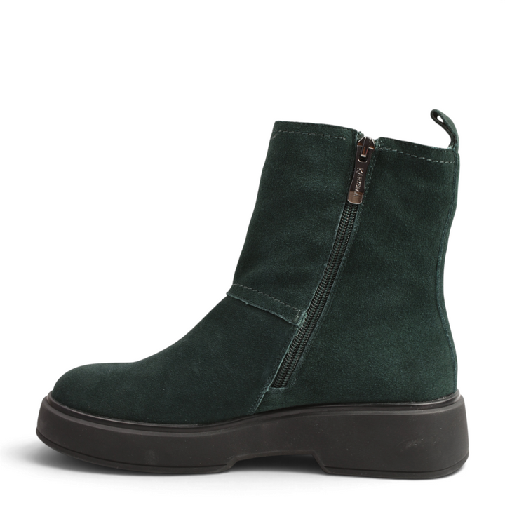 ada-shoes.ro Karisma dark green suede ankle boots with a thick sole and side zipper for a modern casual look