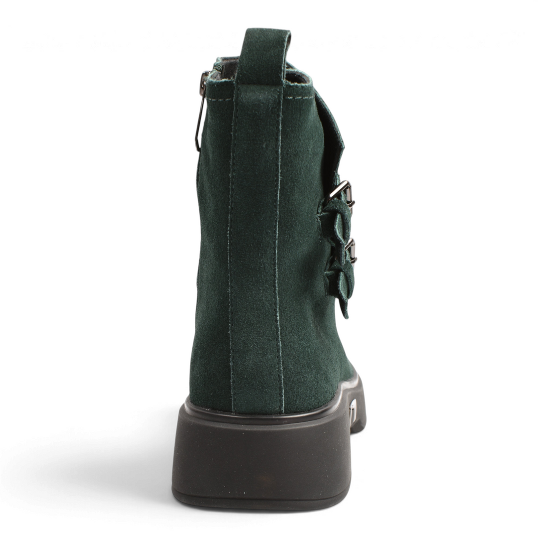 ada-shoes.ro Karisma dark green suede ankle boots with a thick black sole and decorative side buckles, back view.