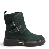 ada-shoes.ro Karisma dark green suede ankle boots with decorative buckles and thick black sole