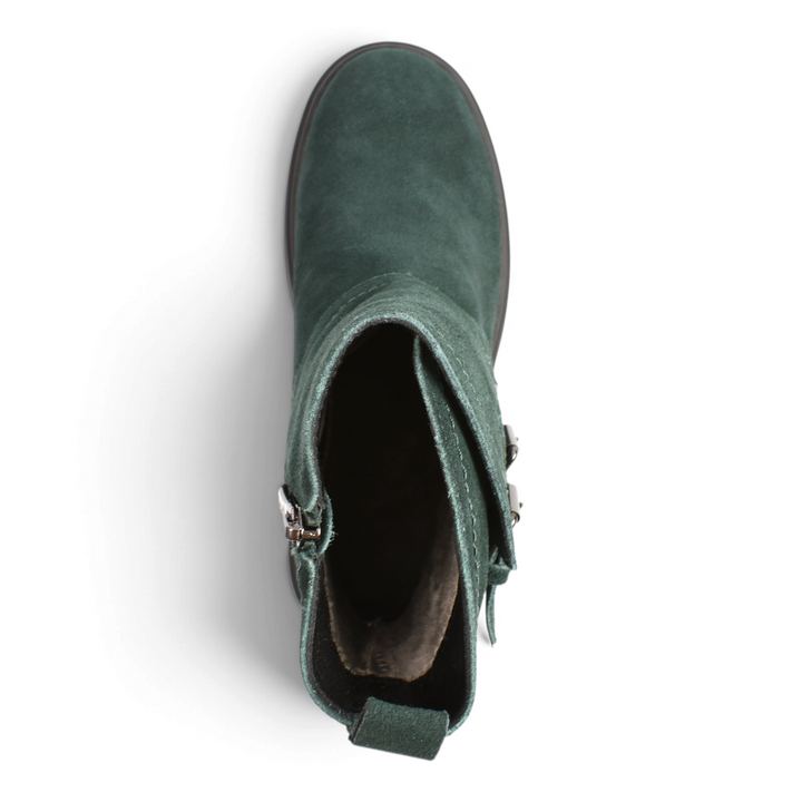ada-shoes.ro Karisma dark green suede ankle boots with decorative buckles and thick sole, top view
