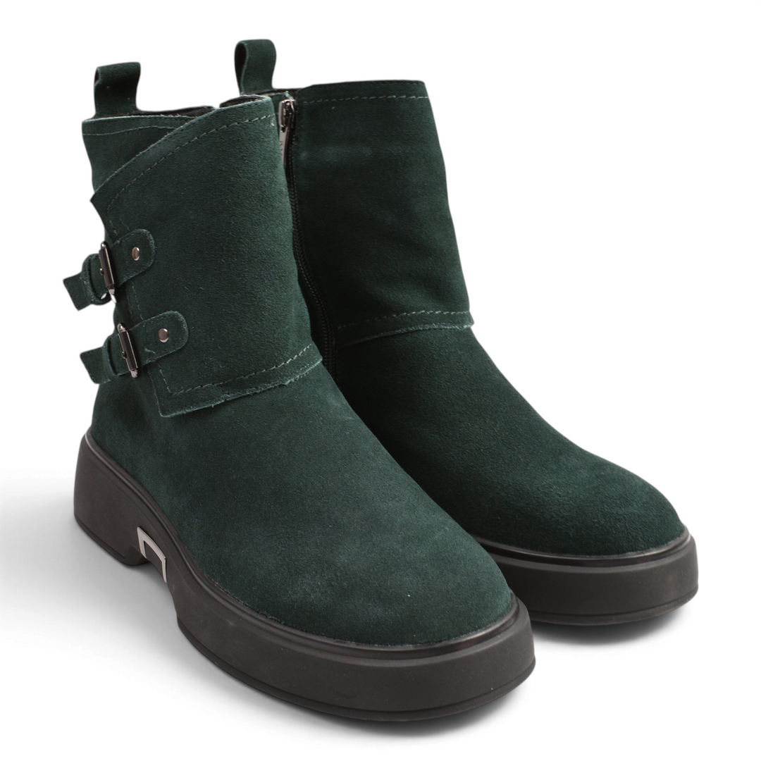 ada-shoes.ro Karisma dark green suede ankle boots with decorative buckles and thick black rubber sole