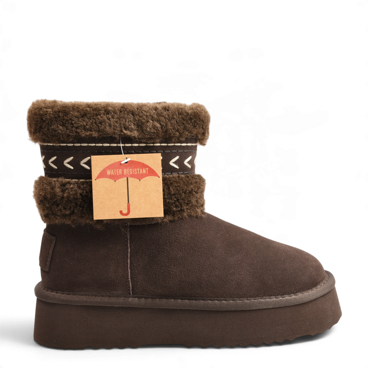 ada-shoes.ro chocolate brown suede winter boots with faux fur collar, platform sole, and water resistant tag