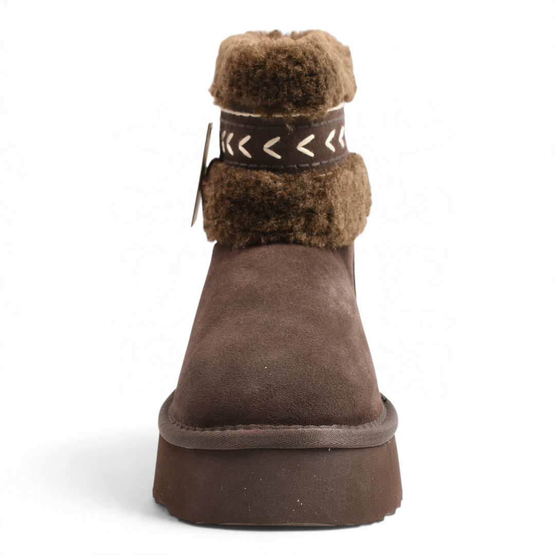 ada-shoes.ro Anna Viotti chocolate brown suede winter boots with faux fur collar and boho embroidery on platform sole