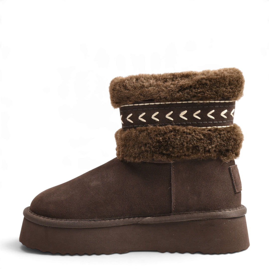 ada-shoes.ro Anna Viotti chocolate brown suede winter boots with faux fur collar and decorative ethnic stitching