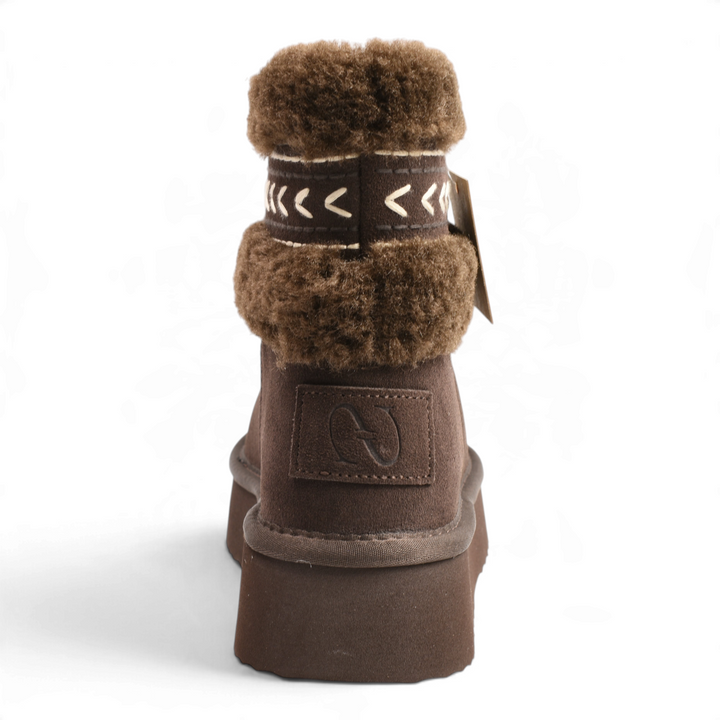 ada-shoes.ro chocolate brown suede winter boots with faux fur collar, ethnic embroidery, and platform sole, rear view